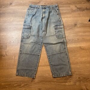 Mens double‎ knee Cargo Jeans Light Wash Size 34x30 Relaxed Fit Cotton